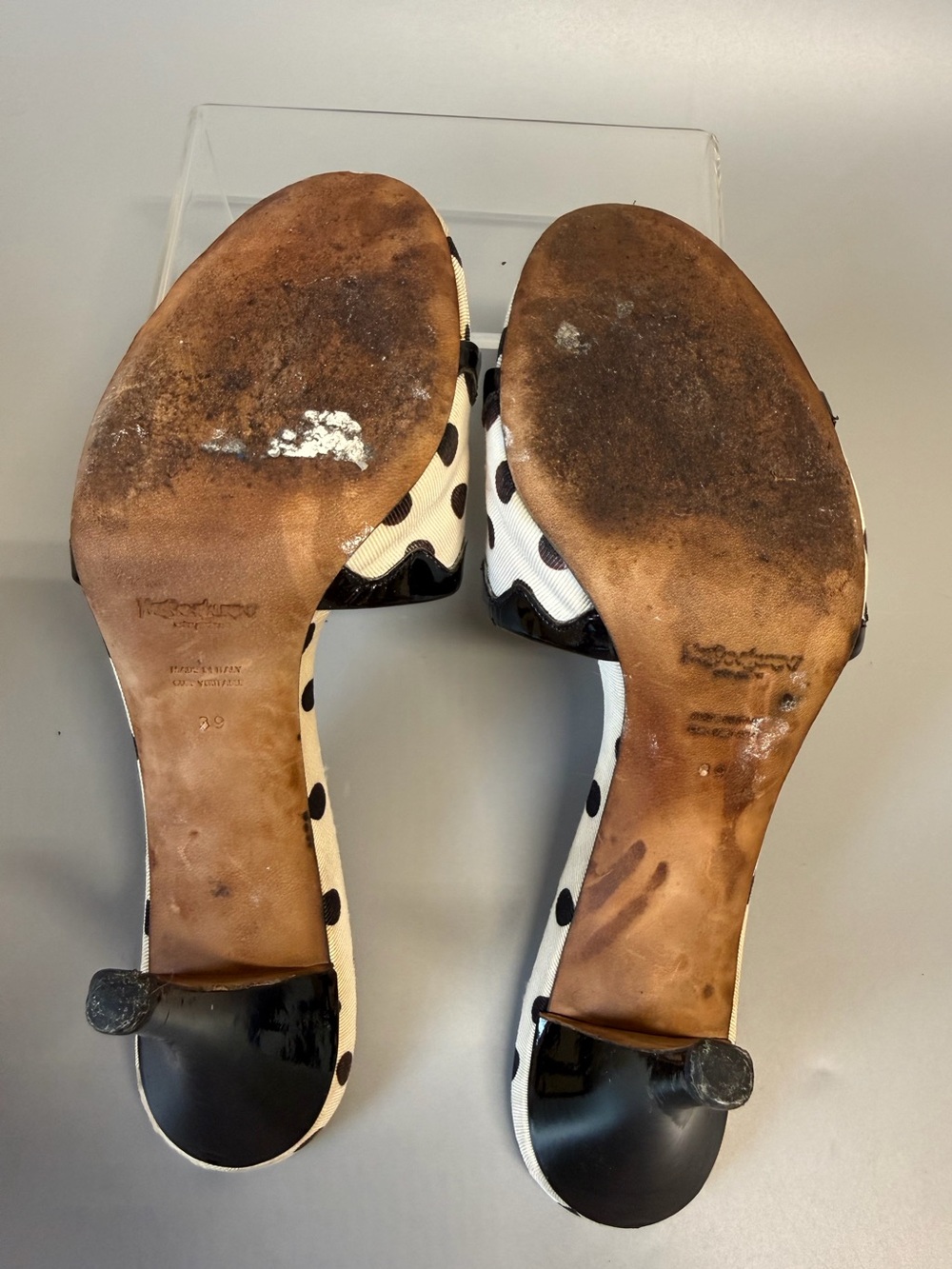 Yves Saint Laurent Black and White Polka Dot Slide Sandals - Picture 8 of 10